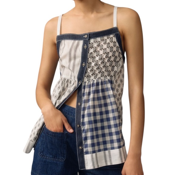 Anthropologie Tops - Pilcro Anthropologie button front Patchwork Spaghetti Strap Apron Top Blue